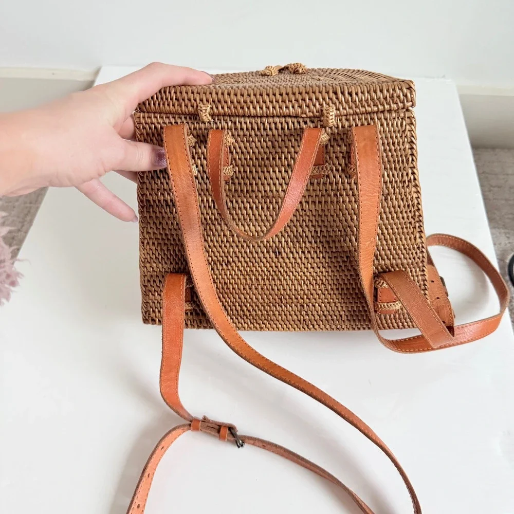 Woven Wicker‎ Leather Strap Mini Backpack